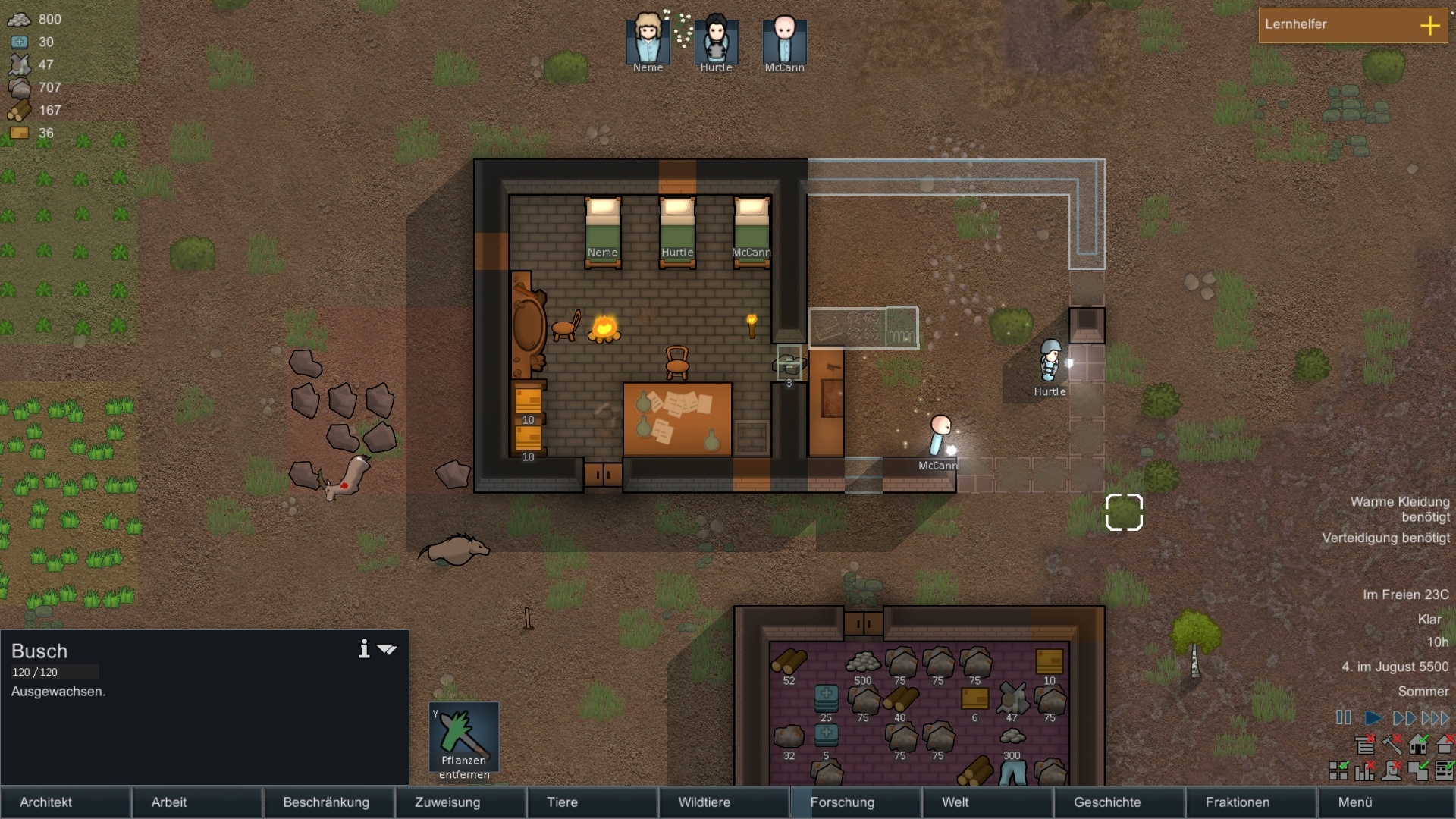An overhead view of a RimWorld colony with terrain, buildings, crops, and characters arranged on a tile-based world.
