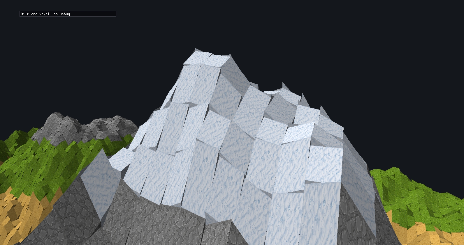 A close-up of the XZ columnar terrain experiment showing sharp, jagged transitions between neighboring planar tiles on a snowy mountainside.