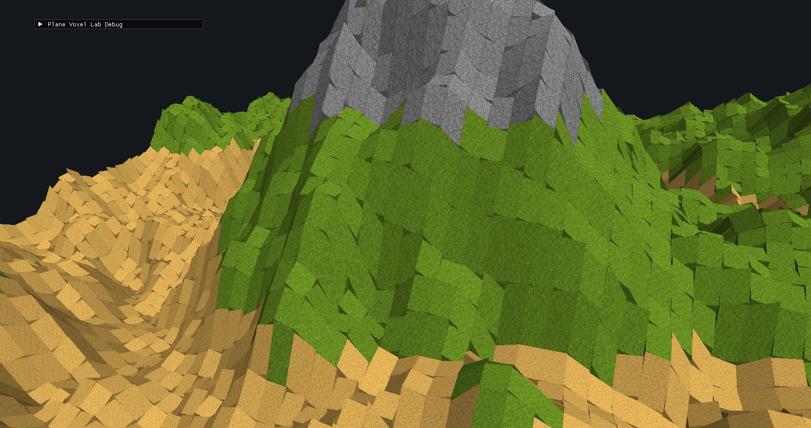 A steep mountainside in the XZ columnar terrain experiment, where the planar terrain tiles appear stretched into long pieces as they climb the slope.